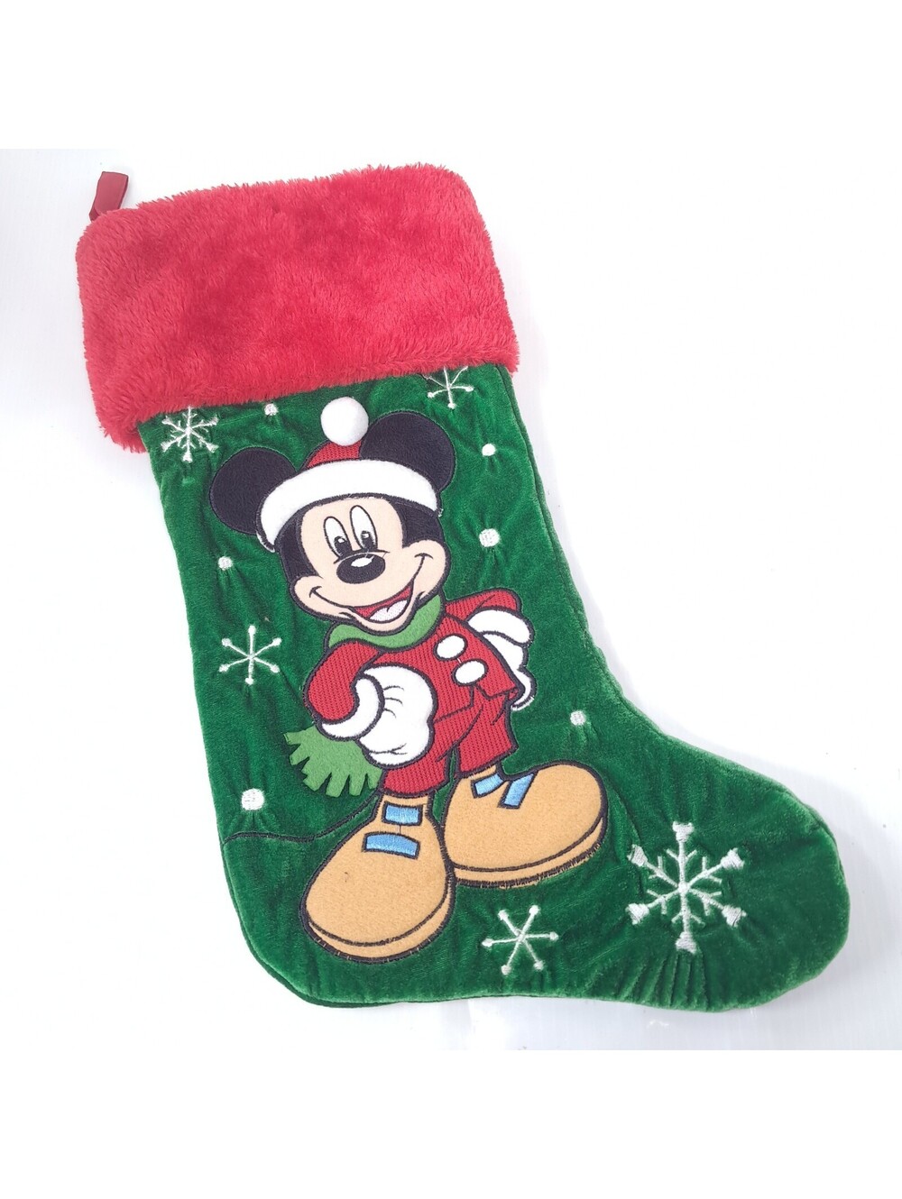 Mickey Mouse Christmas Stocking Green Red Velvet Velour snowflakes Santa Disney